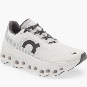On Running Cloudmonster White and Black Shoes
